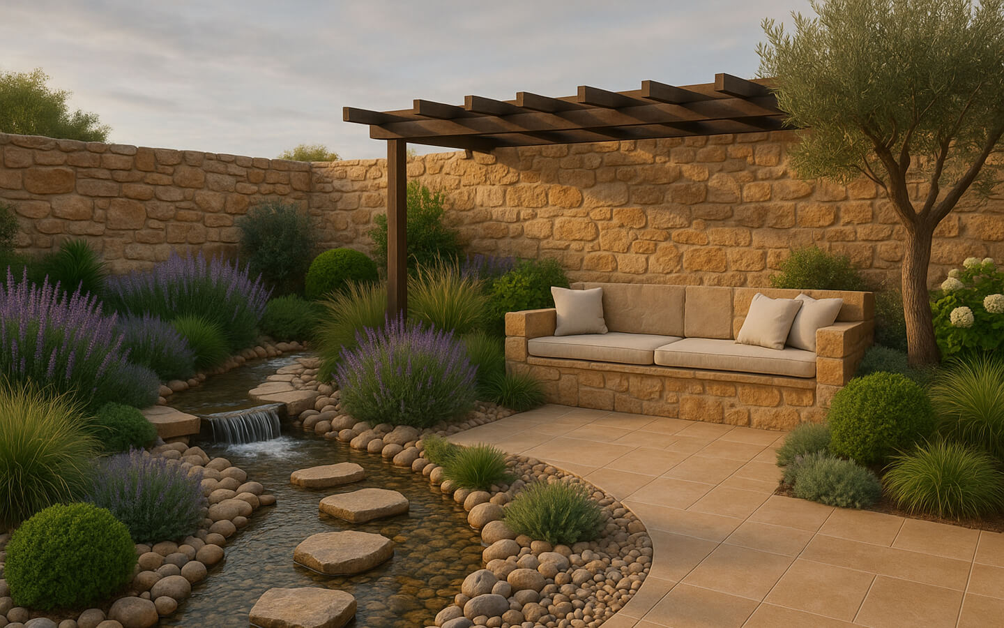 Gartenlounge mit Natursteinmauer, Keramikfliesen und Bachlauf – Gemütlicher geht immer